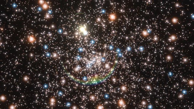 Massive globular cluster rotating star field burst bright flare light. Contains public domain image by Nasa