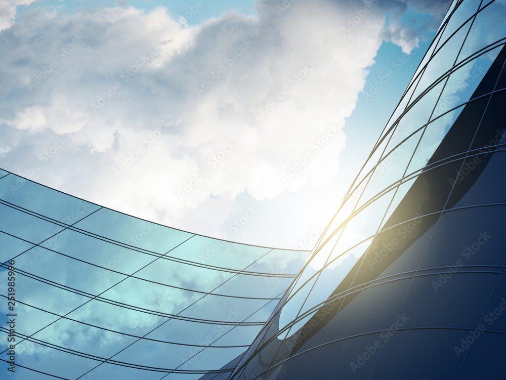 Aufkleber 3d stimulate of high rise curve glass building and dark steel window system on blue sky background,b