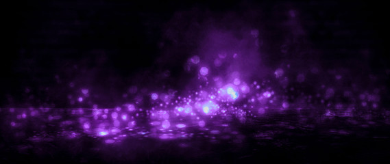 Obraz premium Dark empty room, old brick walls, concrete floor, smoke, pyal, smog. Violet abstract light, night view.