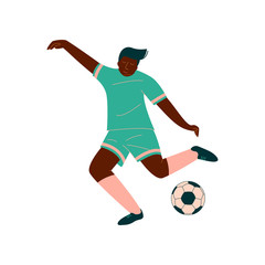Male Soccer Player Kicking Ball, African American Male Footballer Character in Green Sports Uniform Vector Illustration