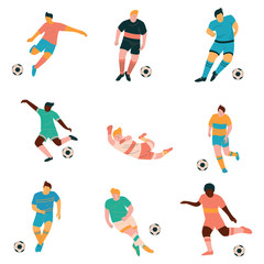 Fototapeta na wymiar Soccer Players Set, Male Footballer Characters in Sports Uniform Playing in Different Positions Vector Illustration