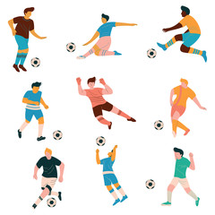 Soccer Players Set, Male Footballer Characters in Sports Uniform Playing Soccer in Different Positions Vector Illustration