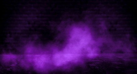 Dark empty room, old brick walls, concrete floor, smoke, pyal, smog. Violet abstract light, night view.