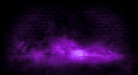 Dark empty room, old brick walls, concrete floor, smoke, pyal, smog. Violet abstract light, night view.
