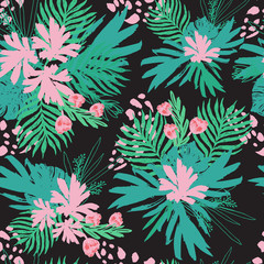 Naklejka na ściany i meble Exotic Bouquet Flowers with Palm Leaves Seamless Pattern Print