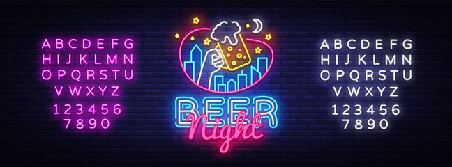 Beer neon sign vector. Beer Night Design template neon sign, light banner, neon signboard, nightly bright advertising, light inscription. Vector illustration. Editing text neon sign