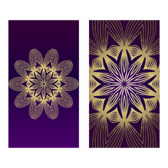 Yoga Card Template With Mandala Pattern. For Business Card, Fitness Center, Meditation Class. Vector Illustration. Luxury romantic purple gold color