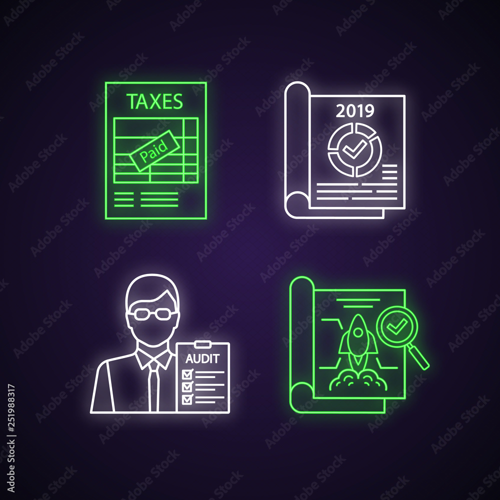 Poster Audit neon light icons set