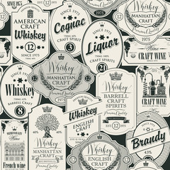 Vector seamless pattern with collage of labels for various alcoholic beverages in retro style with inscriptions of whiskey, liquor, cognac, wine, brandy, craft wine.