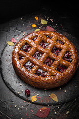 Cherry or berry pie.  Fragrant, Christmas dessert or summer on black background