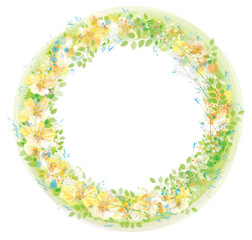 Vector  floral  circle  frame. Fowers and leaves, bokeh effect isolated on white.