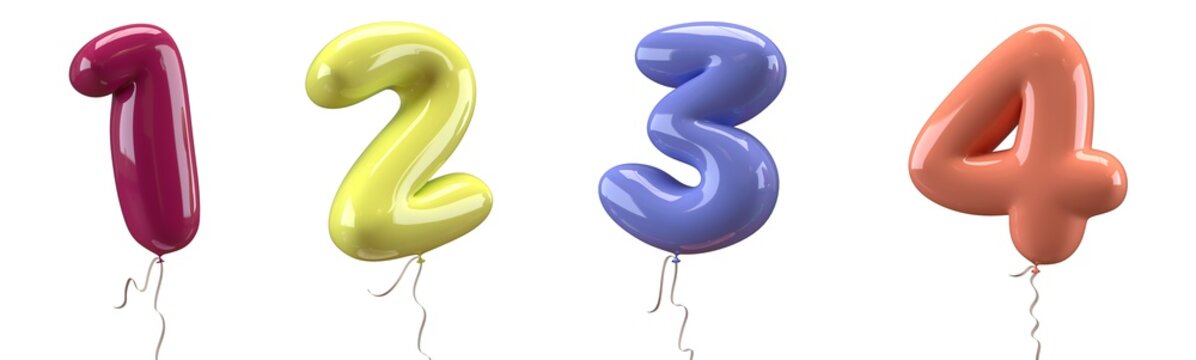 Brilliant balloons font number 1, 2, 3, 4 made of realistic elastic color rubber balloon. 3D illustration for your extraordinary balloon decoration in several concepts idea in many occasions