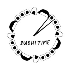 Sushi time clock banner and logo with salmon maki rolls, shrimp sushi and onigiri 