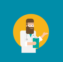 Doctor holding folder with medical information. Vector flat design illustration