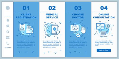 Fototapeta na wymiar Clinic center onboarding mobile web pages vector template