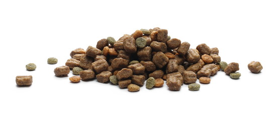 Dry dog food, granules isolated on white background