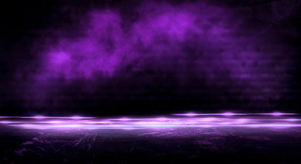 Dark empty room, old brick walls, concrete floor, smoke, dust, smog. Violet abstract light, night view.