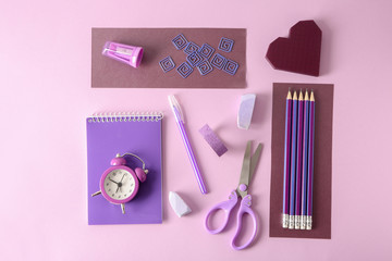 Set of stationery on color background