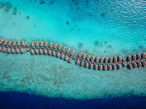 Water villas in the Indian ocean, Maldives, aerial view
