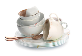 Set of dirty dishes on white background