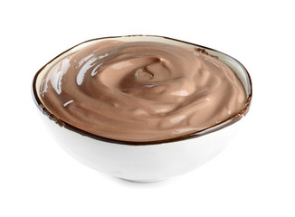 Bowl with chocolate yogurt on white background