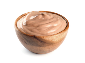 Bowl with chocolate yogurt on white background