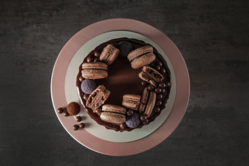 Sweet chocolate cake on table