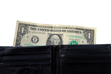 One dollar in an empty leather wallet. Unemployment and poverty.No money in the purse.