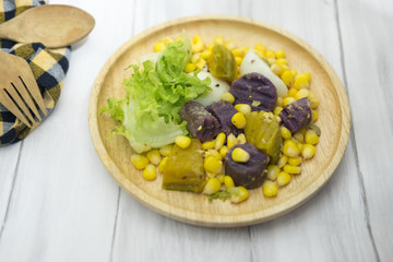 Healthy salad (lettuce, pumpkin, corn,yam and boiled egg)