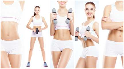 Beautiful and fit woman in a fitness workout. Isolated collage. Sport, nutrition, health and weight loss concept.