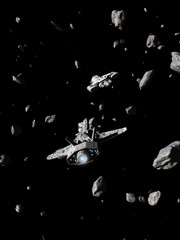 Two Spaceships Navigating an Asteroid Field - science fiction illustration © Algol