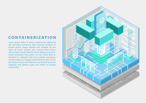 Application Containerization And Modular Software Development Concept With Symbol Of Smartphone And Containers As Isometric Vector Illustration. 