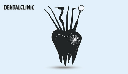 Obraz premium Dentist tools in stand in the shape of a tooth - isolated on light background - flat style - vector.