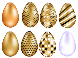 Set of Easter eggs with different texture on a white background.Spring holiday. Happy easter eggs