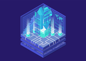 Web traffic monitoring concept with symbol of floating upload and download arrows and various monitoring dashboards as isometric 3d vector illustration. 
