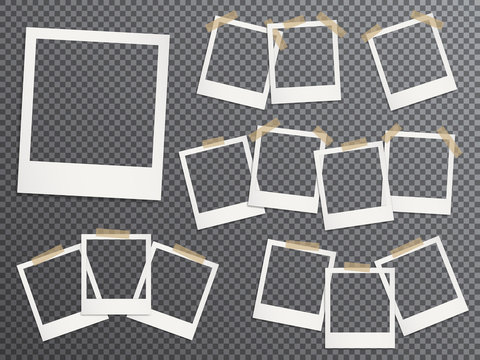 Blank photo frames set hanging on adhesive tape vector realistic illustration.