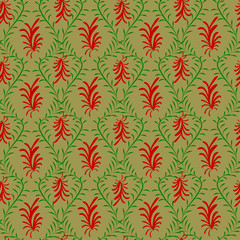 abstract red flowers with green leaf ornaments on a light brown color