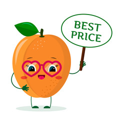 Cute ripe apricot cartoon character in sunglasses keeps a sale sign. Logo, template, design. Vector illustration, a flat style