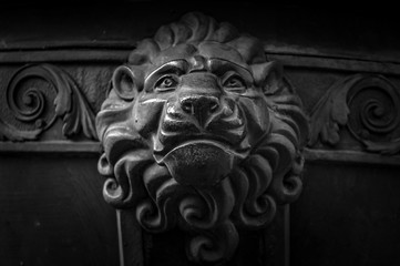 Old metal lion head decoration. Architecture detail of vintage door. Lion face knob closeup. Animal...