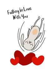 Cute rabbit falling into many hearts. Animal flat vector cartoon greeting card