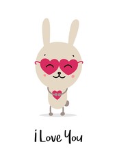 Cute bunny in glasses with red heart. I love you flat vector cartoon greeting card