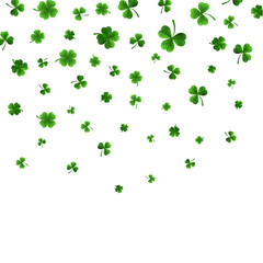 Saint Patrick's Day Border with Green Four and Tree 3D Leaf Clovers on White Background. Irish Lucky and success symbols. Vector illustration