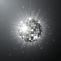 Disco or mirror ball with bright rays. Music and dance night party background. Abstract night club retro background 80s and 90s. Vector illustration