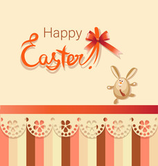 Running Easter Bunny. Happy easter. Poster, postcard with a funny character, bow and lace. Design for textiles, gift bags.