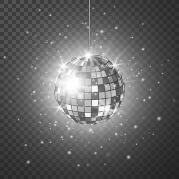 Disco or mirror ball with bright rays. Music and dance night party background. Abstract night club retro background 80s and 90s. Vector illustration