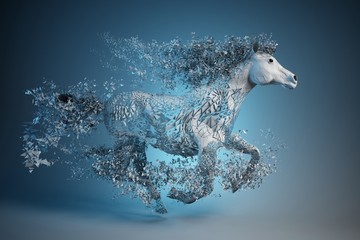 abstract 3d model of a white horse is running and has many particles