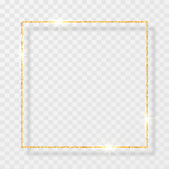 Gold shiny glitter glowing vintage frame with shadows isolated on transparent background. Golden luxury realistic rectangle border. Vector illustration