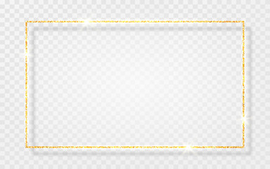Gold shiny glitter glowing vintage frame with shadows isolated on transparent background. Golden luxury realistic rectangle border. Vector illustration