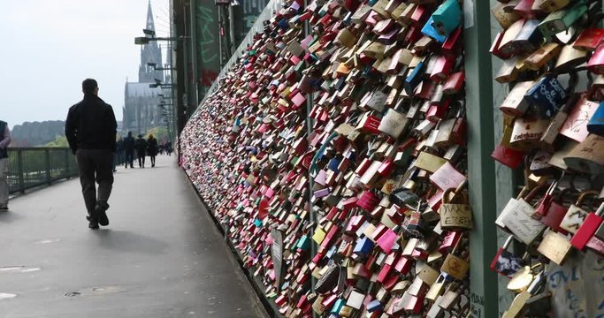 people walking on the Cologne Bridge in Germany, bridge with colorful locks