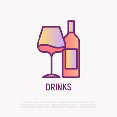Wine bottle and glass thin line icon. Romantic dinner. Modern vector illustration.